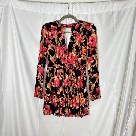 Free People Tegan Black Orange Floral Mini Dress Long Sleeves Keyhole Size 0 - Picture 3 of 8